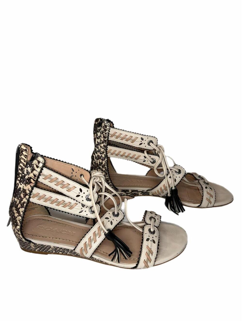 Coach Via Demi Wedge Sandal Cream Black Python-Print Leather Lace-Up